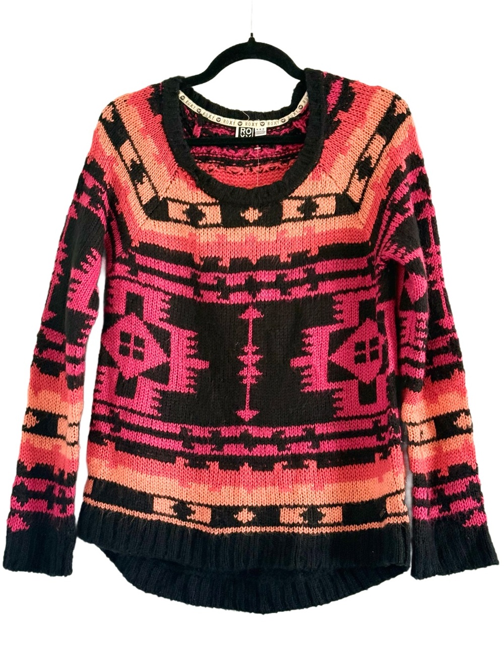 Roxy Women's Black & Bright Pink Aztec Crewneck Sweater Medium